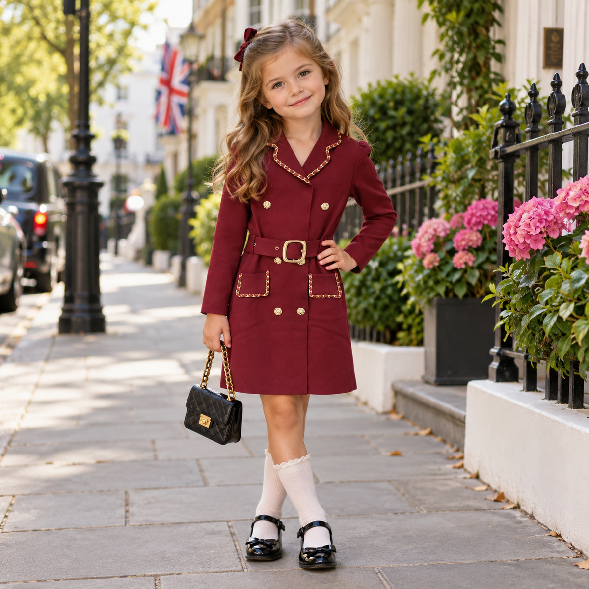 Girls Burgundy Dress With Gold Trim & Buttons Plus Matching Belt