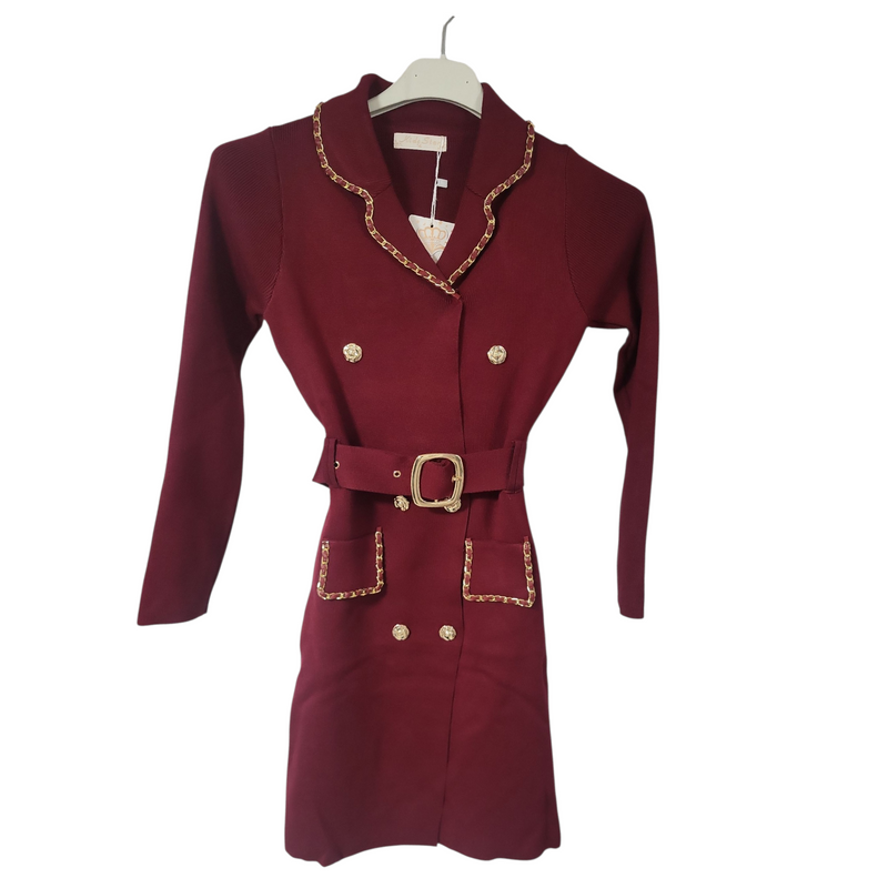 XMS25 Girls Burgundy Dress With Gold Trim & Buttons Plus Matching Belt-  Ages 4 to 14 Years – Spanish Home & Charlie's Fashions