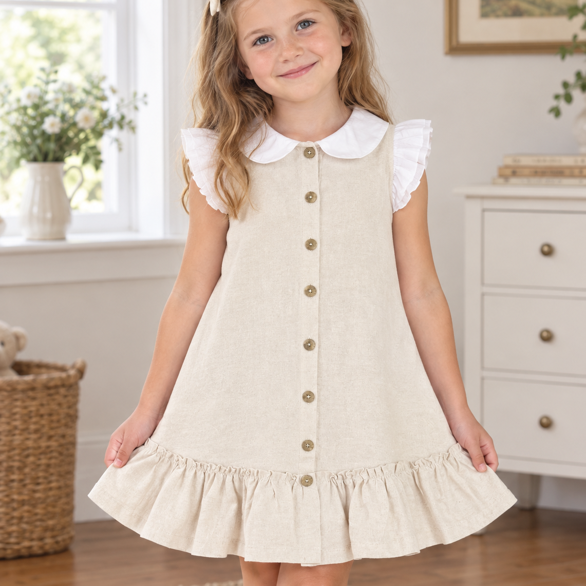Girls Button Through Dress With White Collar And Ruffle Sleeve- Beige