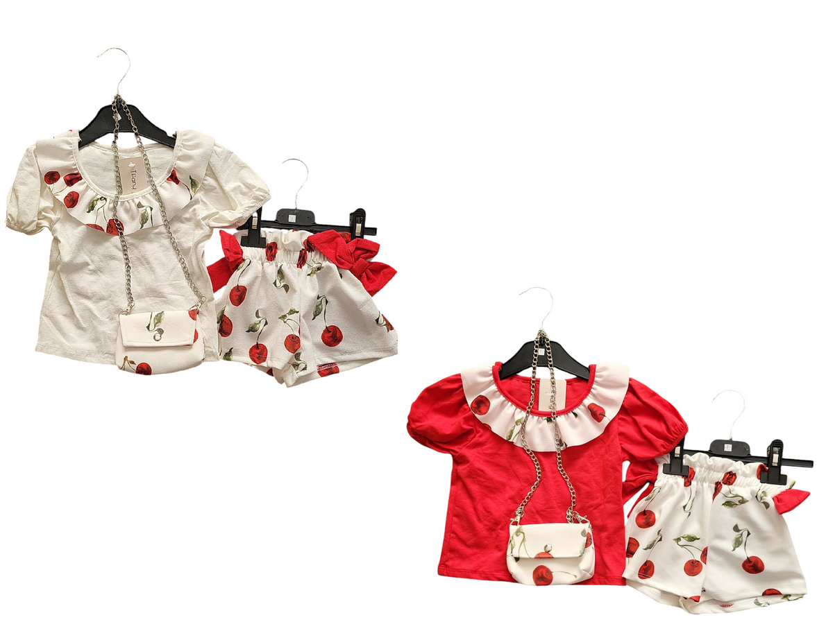 Girls Cherry & Bow With Bag Shorts Set- Peter Pan Collar