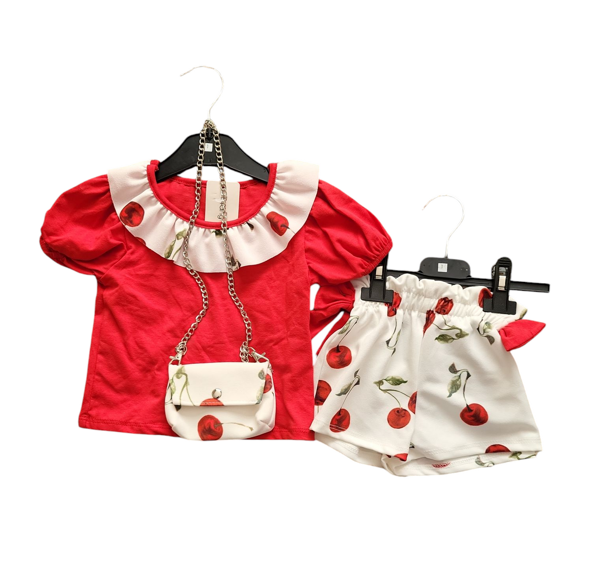 Girls Cherry & Bow With Bag Shorts Set- Peter Pan Collar