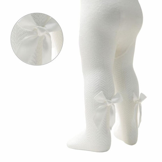 Girls Cream Chevron Knit Bow Tights NB-24M