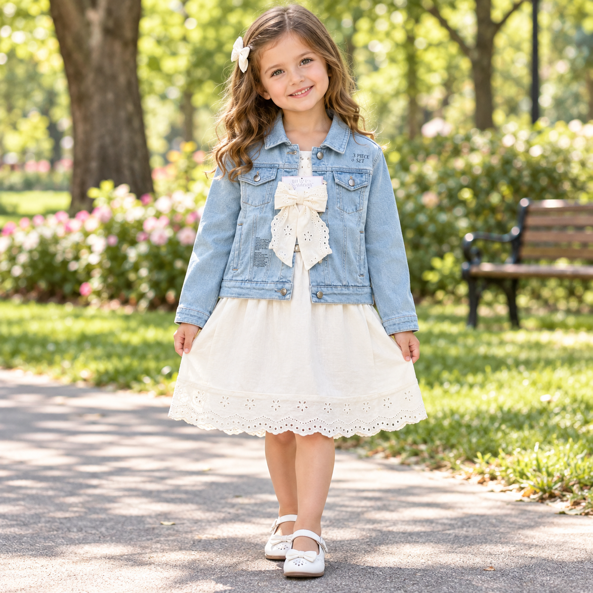 Girls Denim Jacket and Ivory Dress Set