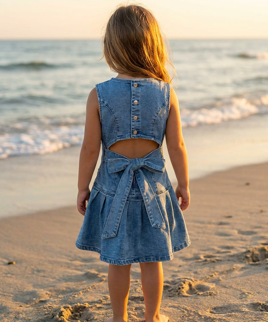 Girls Denim Sleeveless Bow Dress
