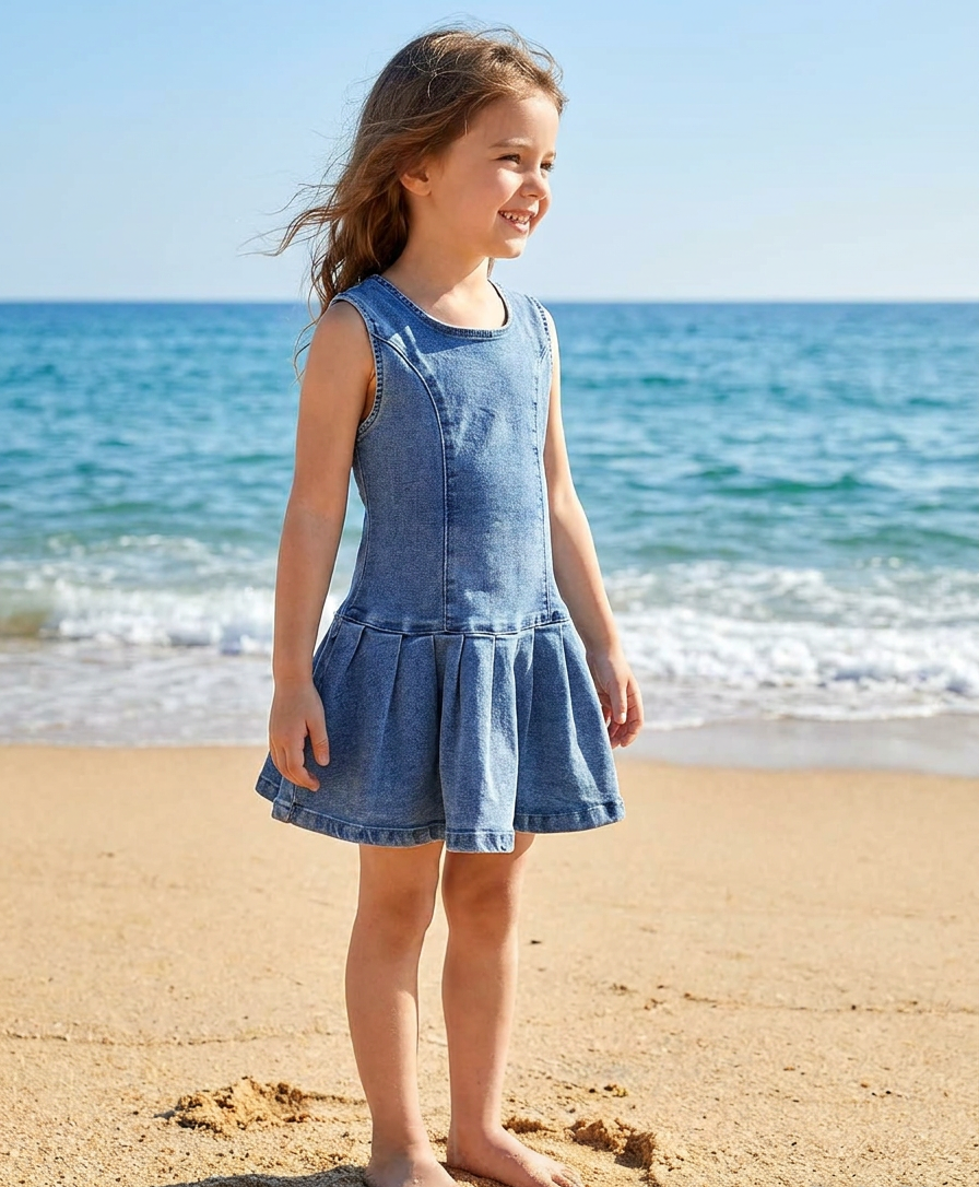Girls Denim Sleeveless Bow Dress