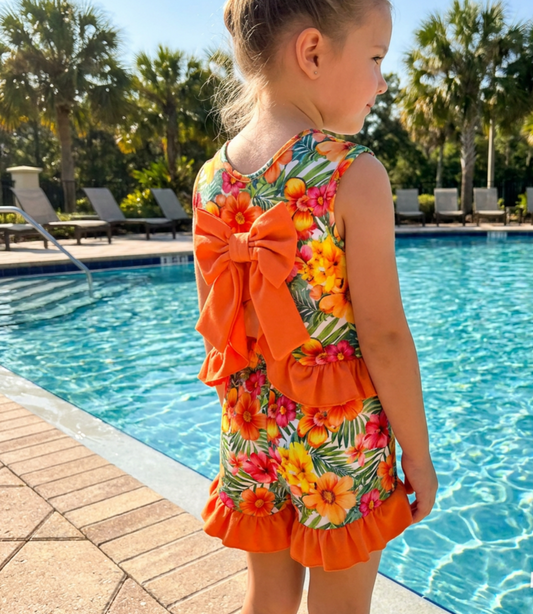 Girls Flower Bow Top & Shorts Set- Orange