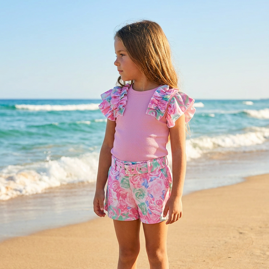 Girls Flower Pattern Shorts and Top Set