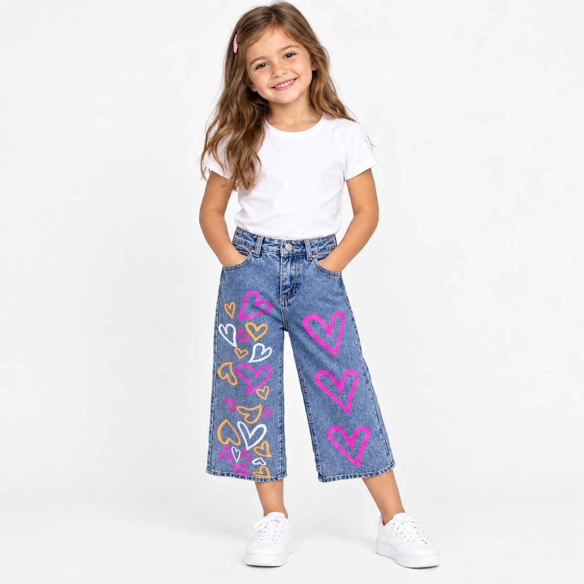 Girls Heart Jeans- Wide Leg- Blue Denim- Multi-coloured Hearts