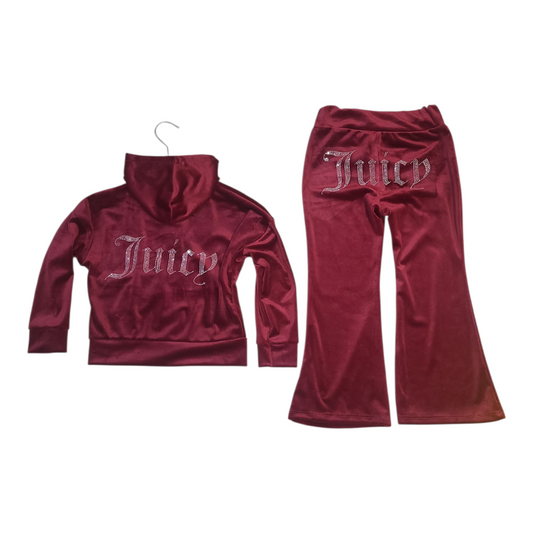 Girls Juicy Hooded Zipped Jacket & Wide Bottom Trousers Lounge Wear Set- Burgundy