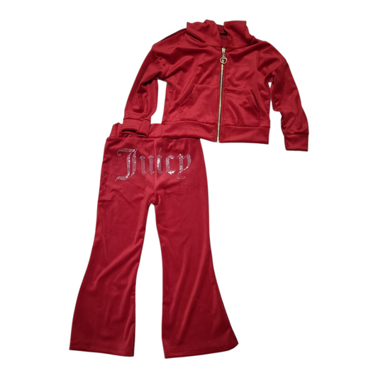 Girls Juicy Velour Tracksuit- Zip And Hooded Jacket- Cuffed Sleeves And Wide Bottoms- Red