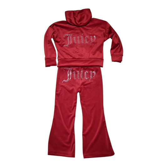 Girls Juicy Velour Tracksuit-Zip And Hooded Jacket-Cuffed Sleeves And Wide Bottoms-Red back