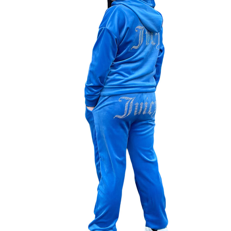 Girls Juicy Velour Tracksuit- Zip And Hooded Jacket- Cuffed Sleeves And Bottoms- Blue