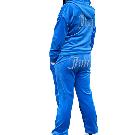 Girls Juicy Velour Tracksuit- Zip And Hooded Jacket- Cuffed Sleeves And Bottoms- Blue