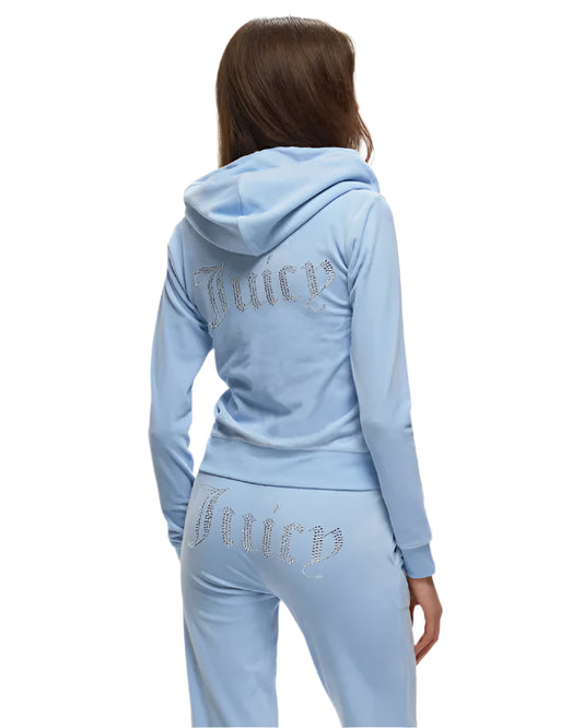 Girls Juicy Velour Tracksuit- Zip and Hooded Jacket- Cuffed Sleeves and Wide Leg Bottoms- Sky Blue