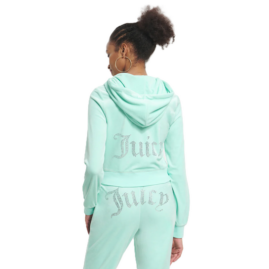 Girls Juicy Velour Tracksuit- Zip and Hooded Jacket- Cuffed Sleeves and Wide Leg Bottoms- Mint Green