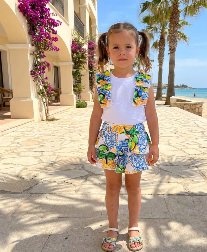 Girls Lemon & Blue Print Top - Skort Set