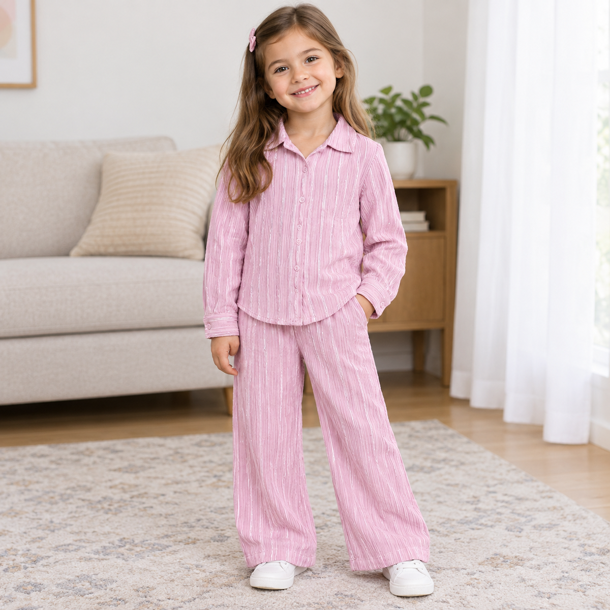 Girls Long Sleeve Blouse & Wide Bottom Trouser Set pink