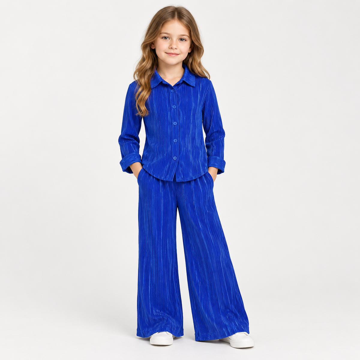 Girls Long Sleeve Blouse & Wide Bottom Trouser Set blue