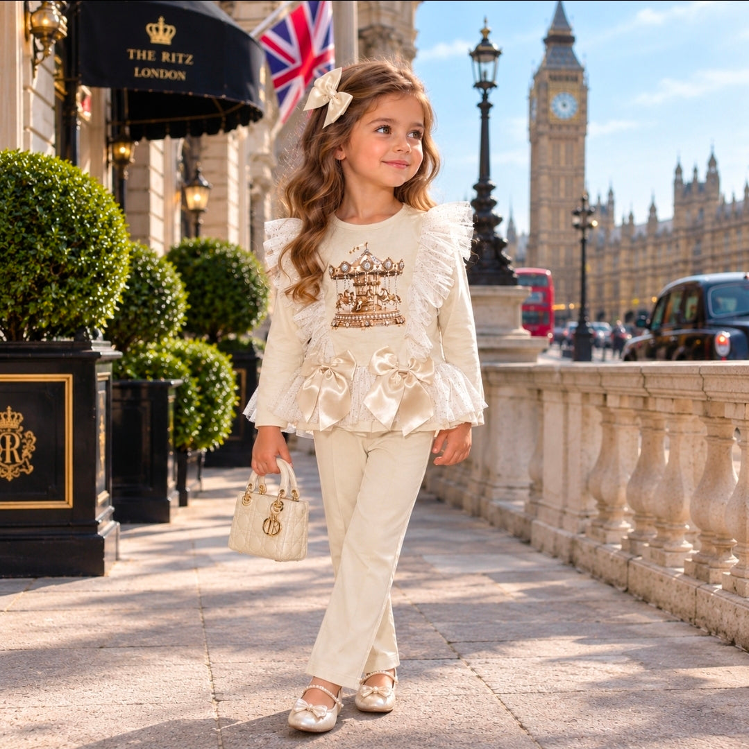 Girls Long Sleeve Frilly Bow Carousel Lounge Set