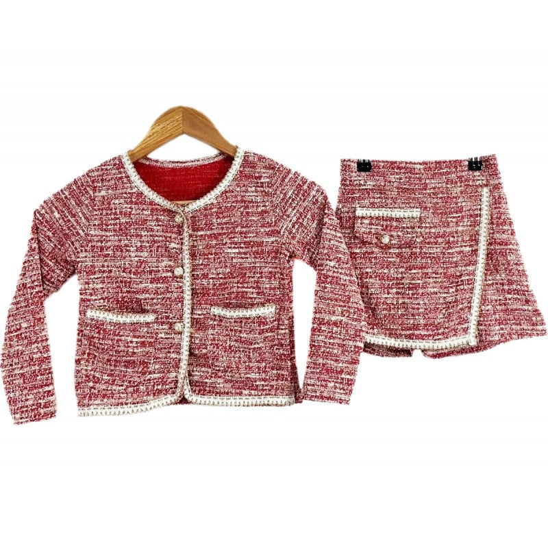 Girls Long Sleeve Red Tweed Jacket Skort Set- 2 to 12 Years