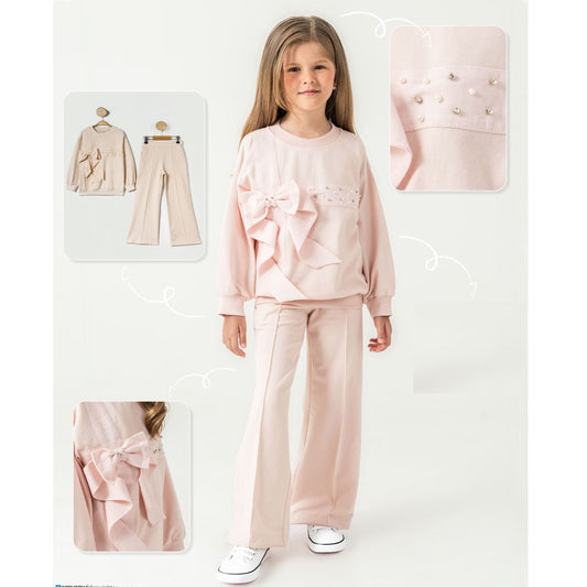 Girls Bow Design Long Sleeve Lounge Suit With Flared Trousers