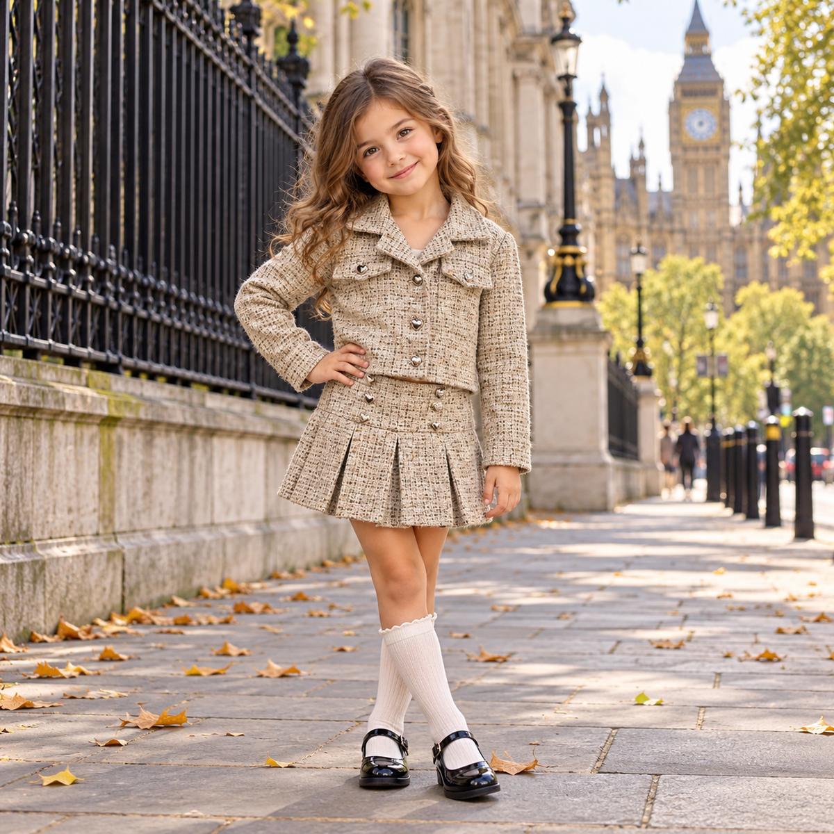 Girls Long Sleeve Tweed Jacket & Skort Set- Beige