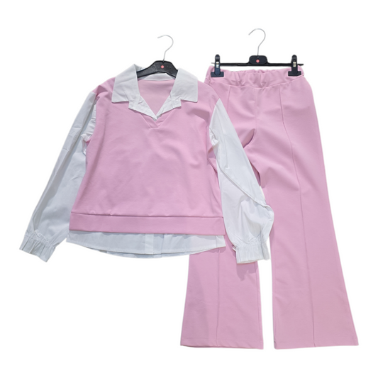 Girls Pink Faux Shirt Top and Trousers Co-ord Set