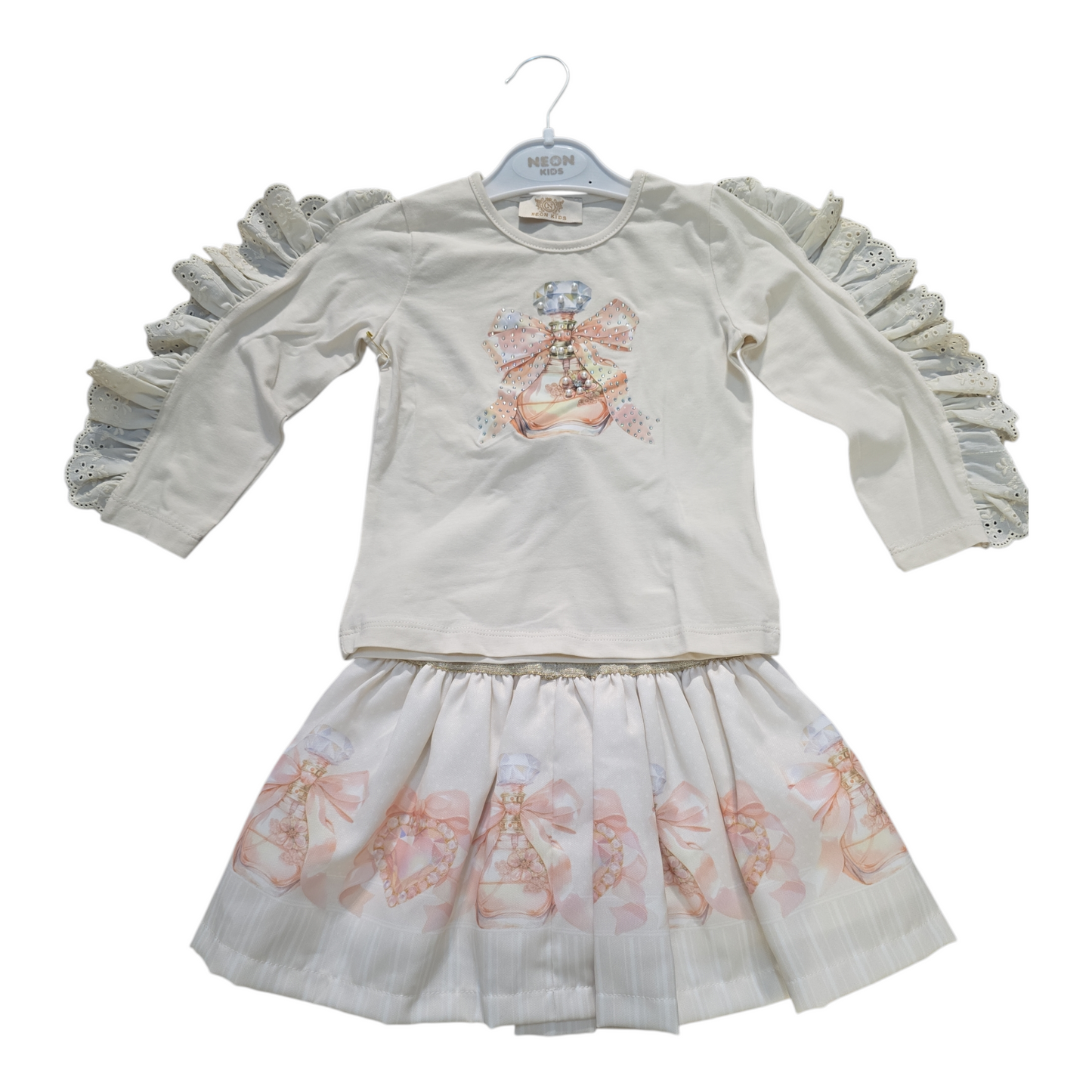 Girls Printed Long Sleeve T-shirt And Printed Skirt Set- Beige