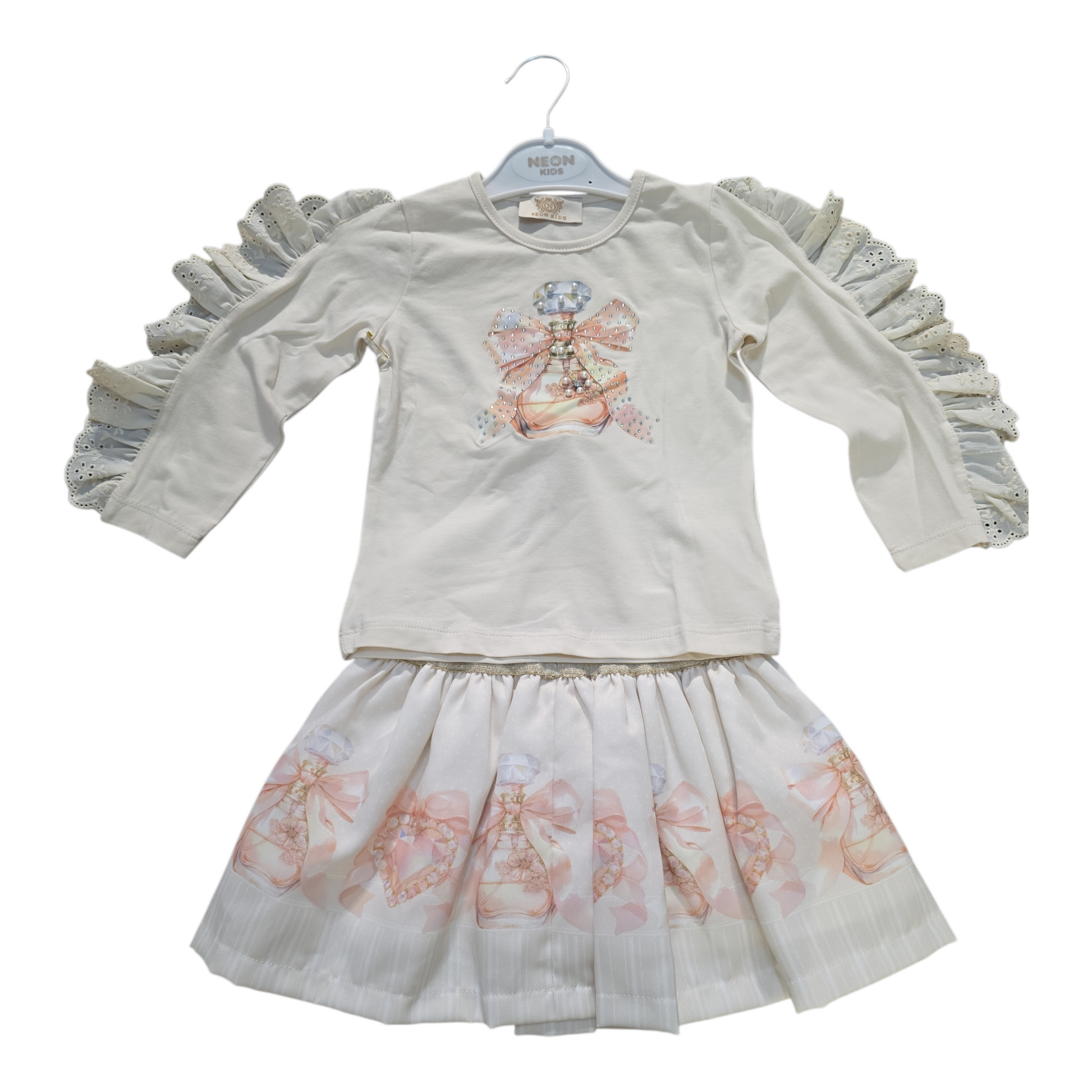 Girls Printed Long Sleeve T-shirt And Printed Skirt Set- Beige