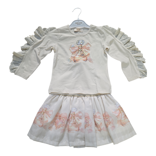 Girls Printed Long Sleeve T-shirt And Printed Skirt Set- Beige