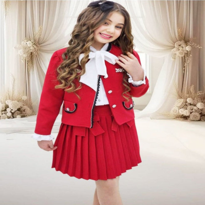 Girls Red 4pc Set- Embellished Jacket, Pleated Skirt, Blouse & Matching Hair Clip- Ages 5 to 14 Years