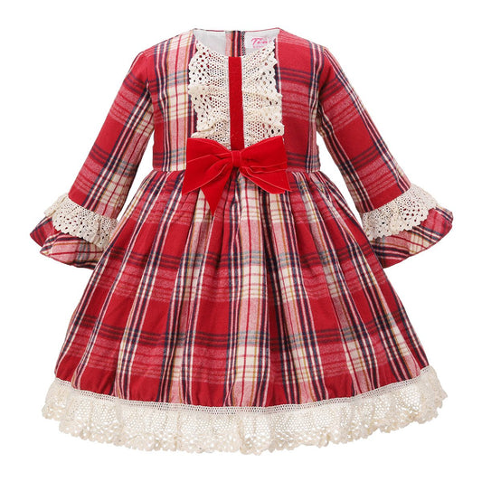 Red plaid dress with a large bow