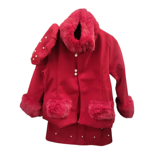 Girls Red Faux Fur Trimmed Pearl Embellished Coat, Dress & Hat Set