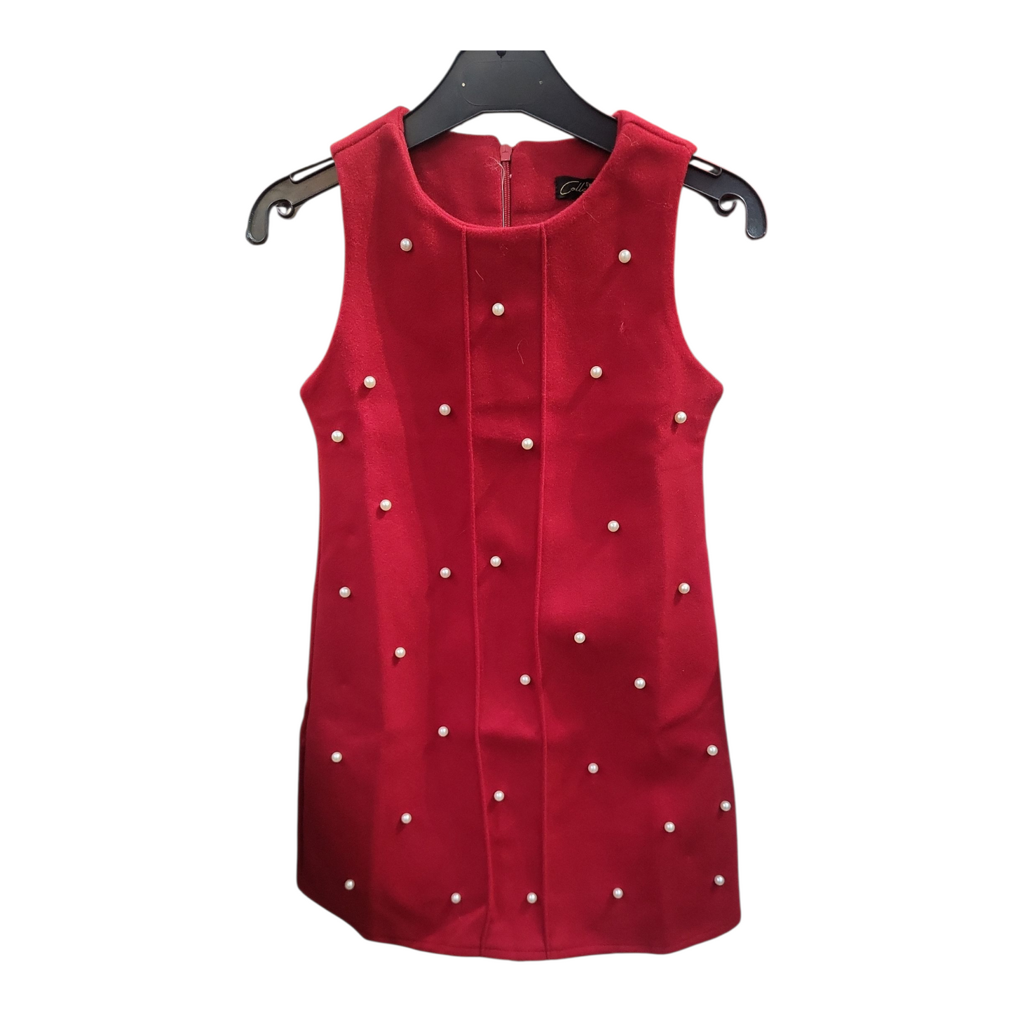 Red sleeveless dress with pearl embellishments