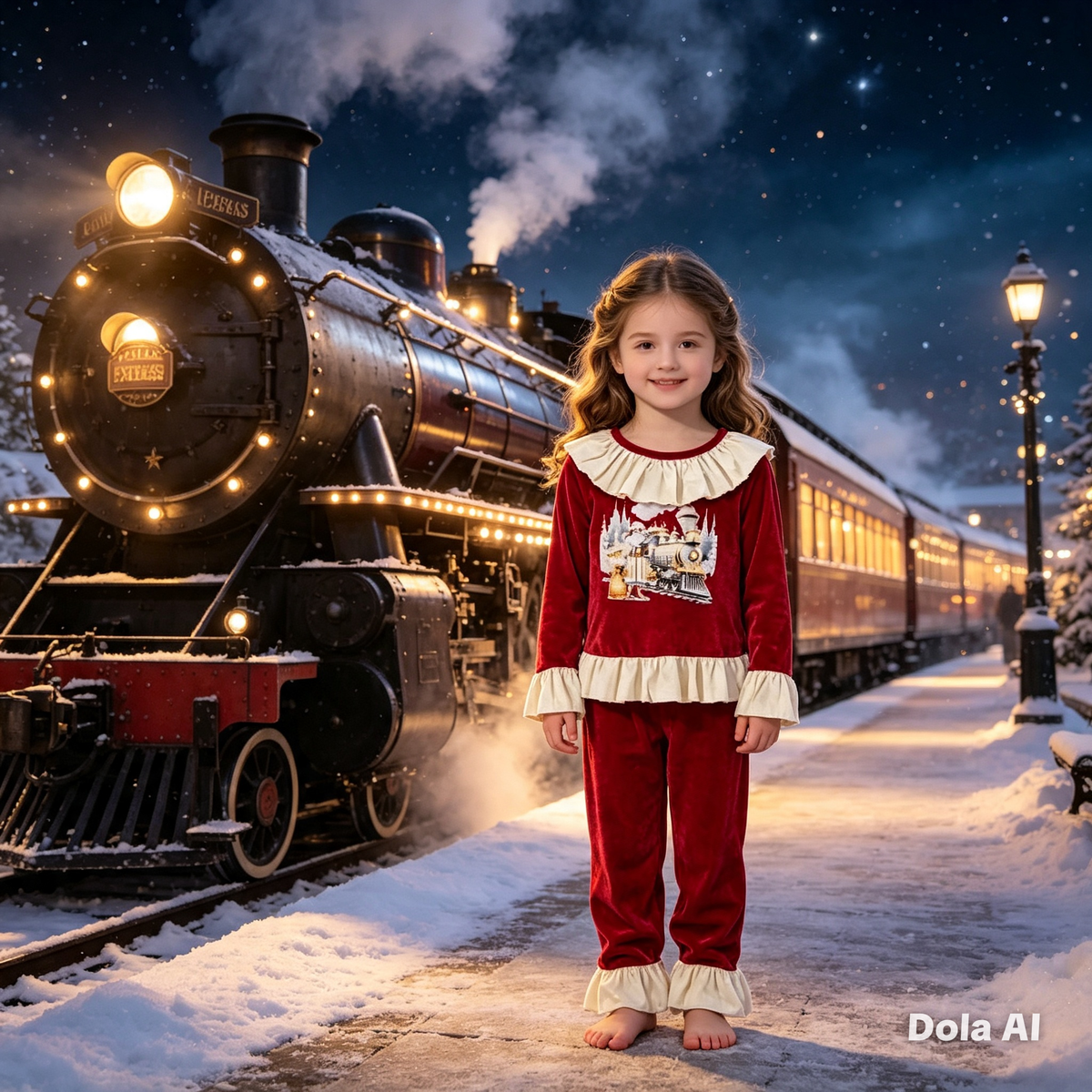 Girl's Red Polar Express Pyjamas with Ruffle Collar