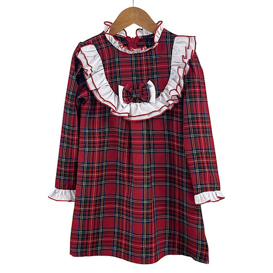 Girls Red Tartan White Ruffle Frill Bow Christmas Dress 2-8 years