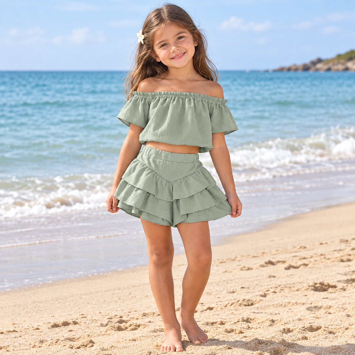 Girls Ruffle 2 Piece Shorts Set- Mint