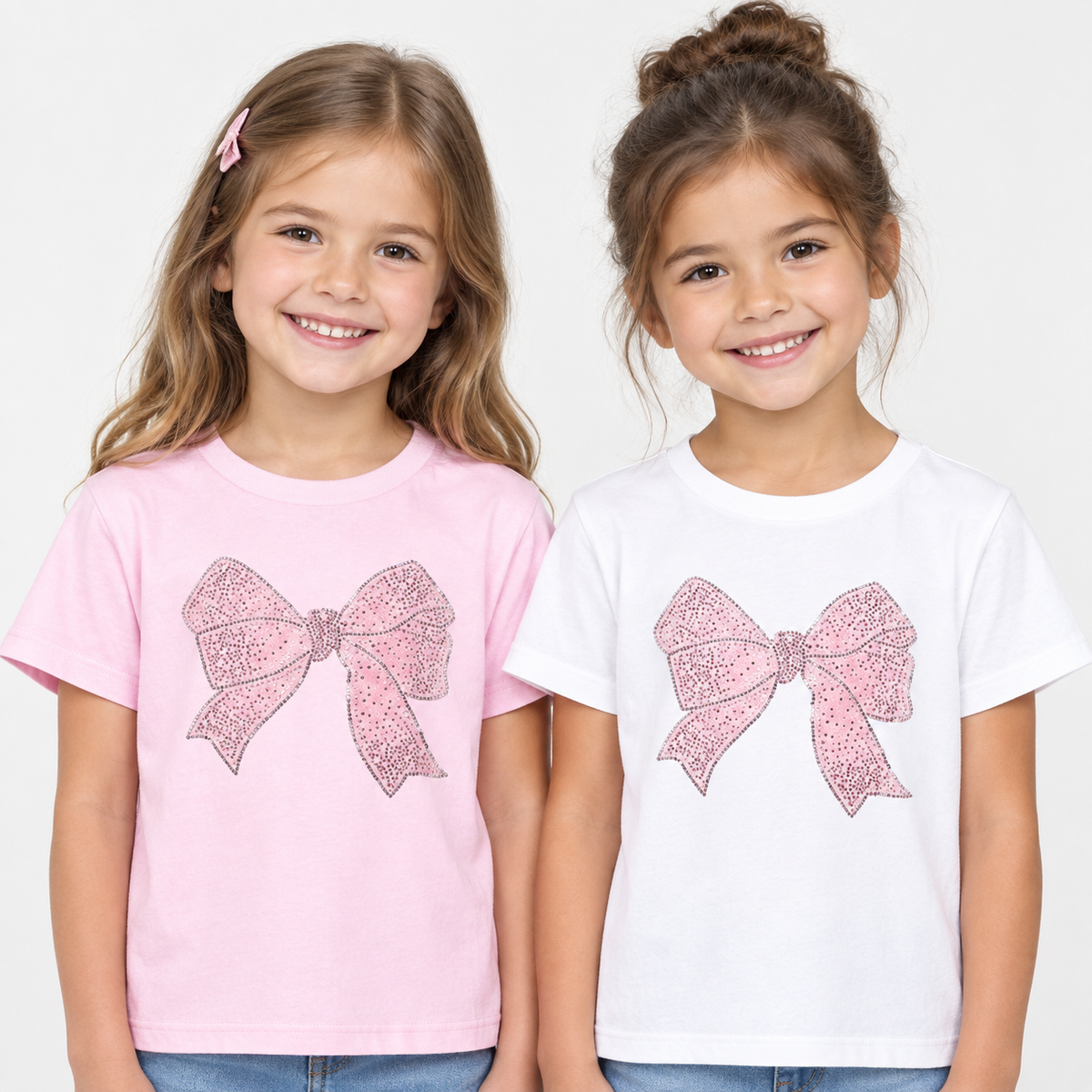 Girls Short Sleeve T-Shirt With Diamante Bow Print- pink or white