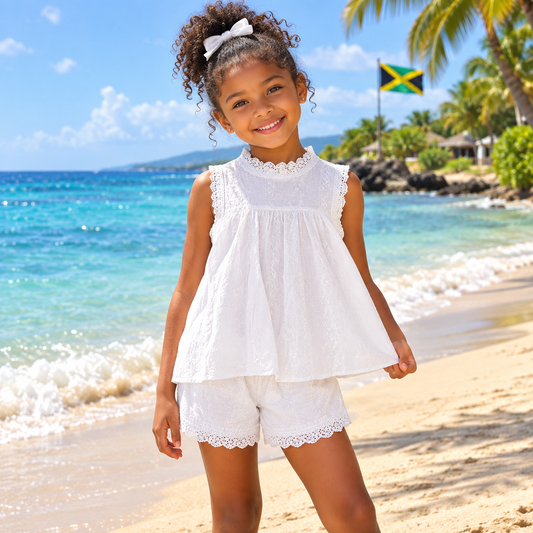 Girls Sleeveless Lined Motif Top Co-ord With Matching Anglaise Shorts Set