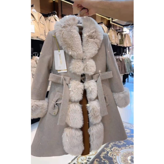 Girls Smart Dressy Coat- Faux Fur Trimmed- With Matching Dress- Beige