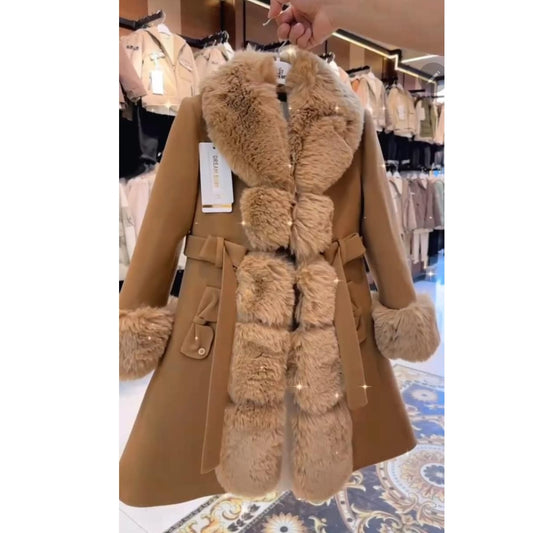 Girls Smart Dressy Coat- Faux Fur Trimmed- With Matching Dress- Camel