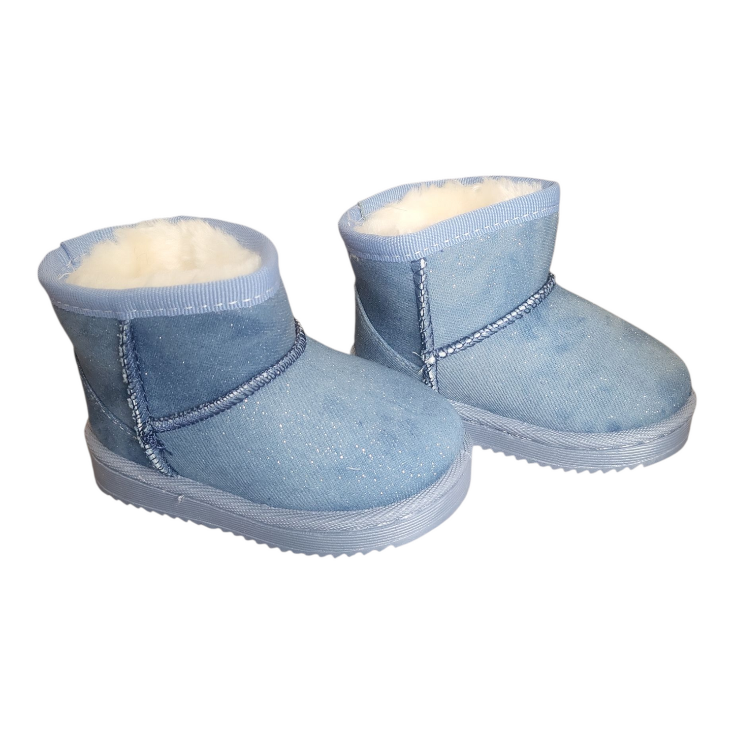 Pair of blue children's boots with white faux fur lining