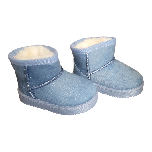 Pair of blue children's boots with white faux fur lining