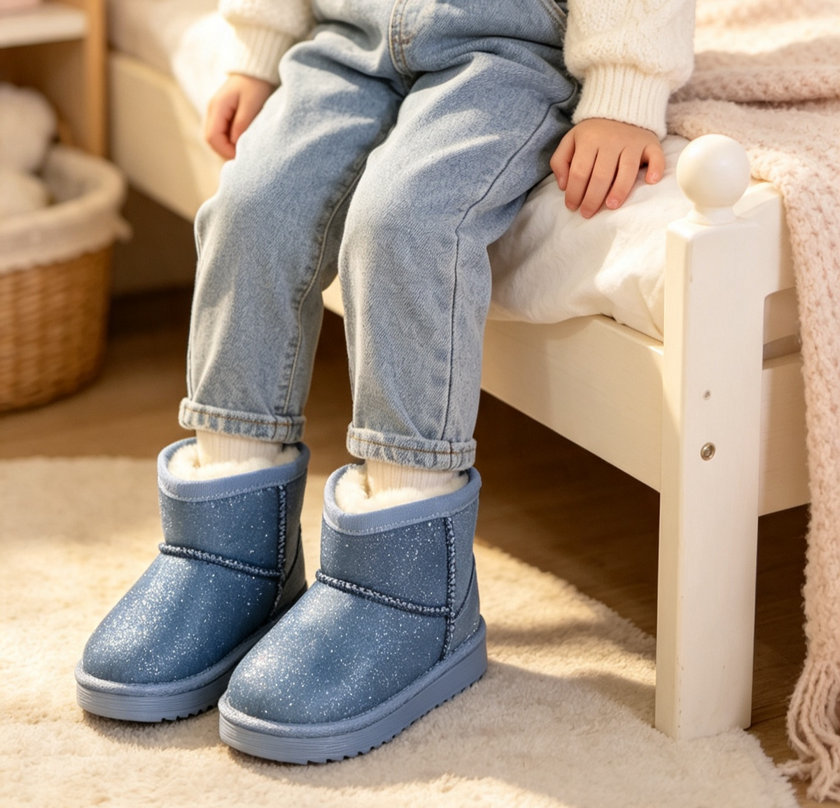 Girls Sparkly Denim Winter Faux Fur Lined Boots