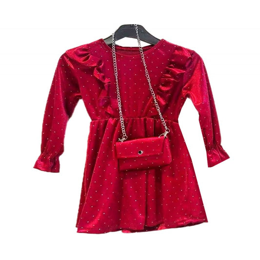 Red velvet dress with matching handbag