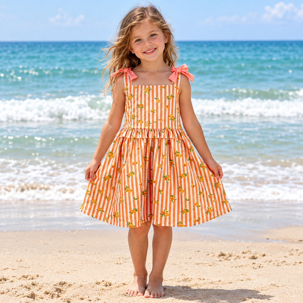 Girls Summer Dress with Orange Print