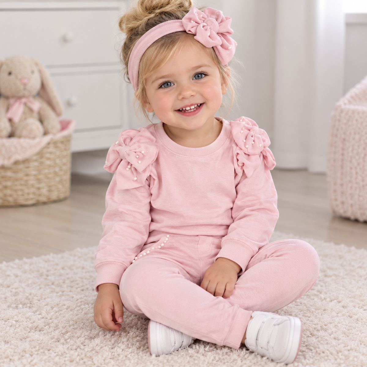 Girls Velour Tracksuit And Headband With Pearl Trim- Pink