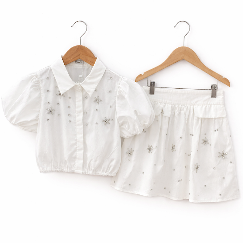 Girls White Embellished Puff Sleeve Top Skirt Set
