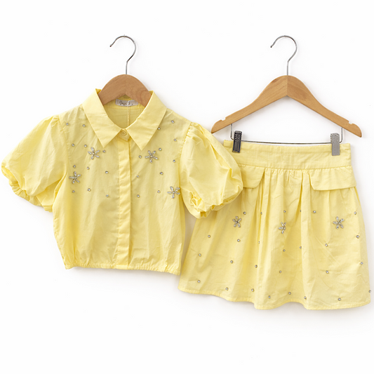 Girls Yellow Embellished Puff Sleeve Top Skirt Set