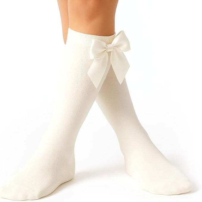 Girls knee high bow socks cream